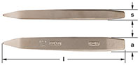 Two Images show two viewpoints of a bronze cape chisel: top image shows the bar with a blunt tapered chisel bar with thickness labeled ‘s’.  The bottom image displays the tapered triangle tip lying vertical to the left.  A line underneath the bottom image